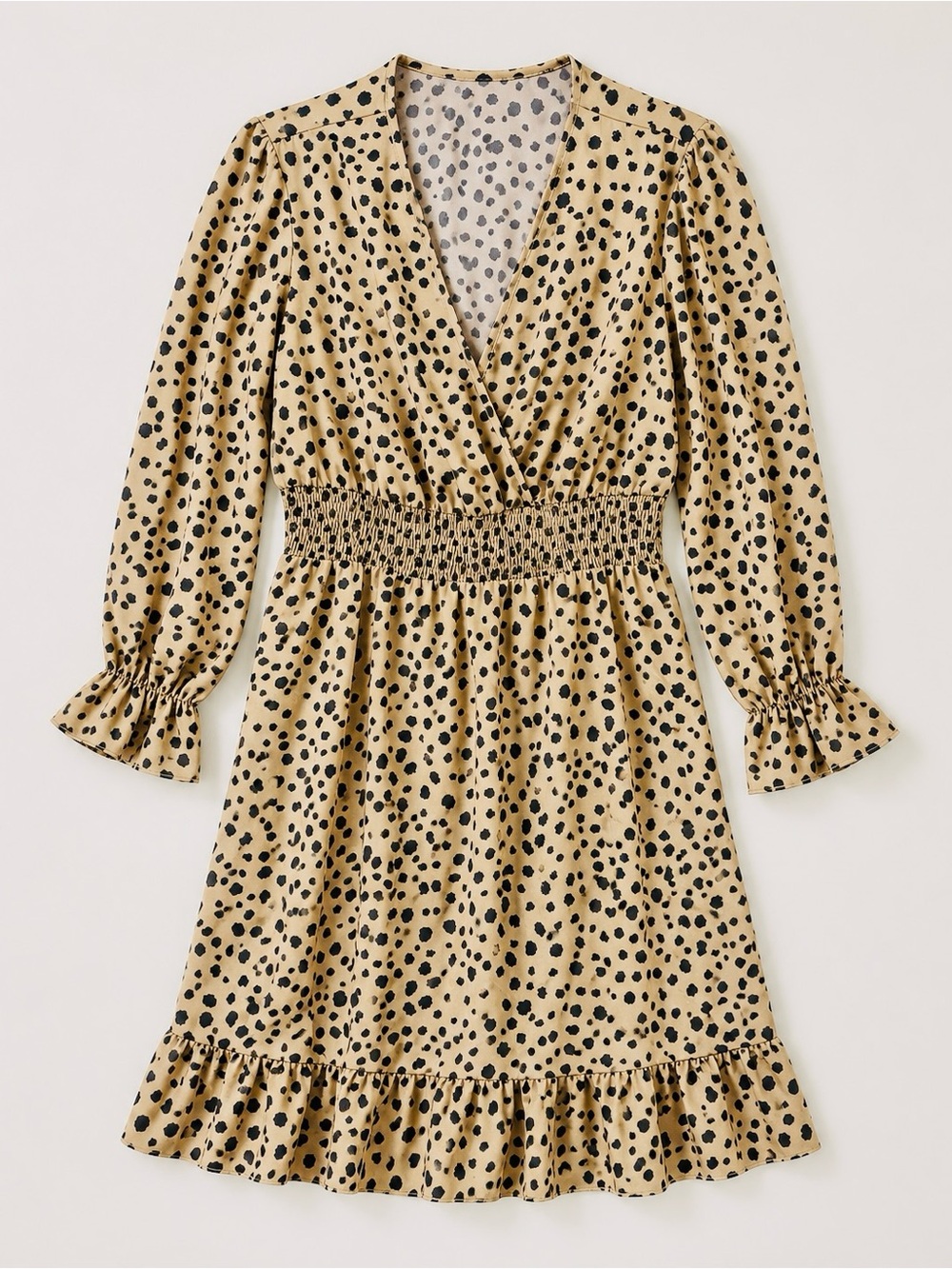 Tan / Camel Black Spotted Polka Dot Smocked Waist Ruffle Plus Size Dress 20/22